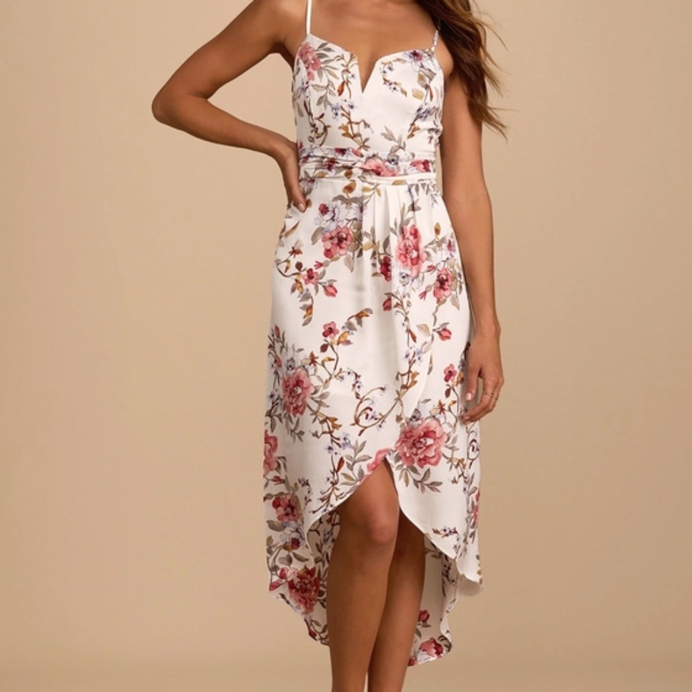 My Favorite Day Ivory Floral Print Tulip Skirt Midi Dress